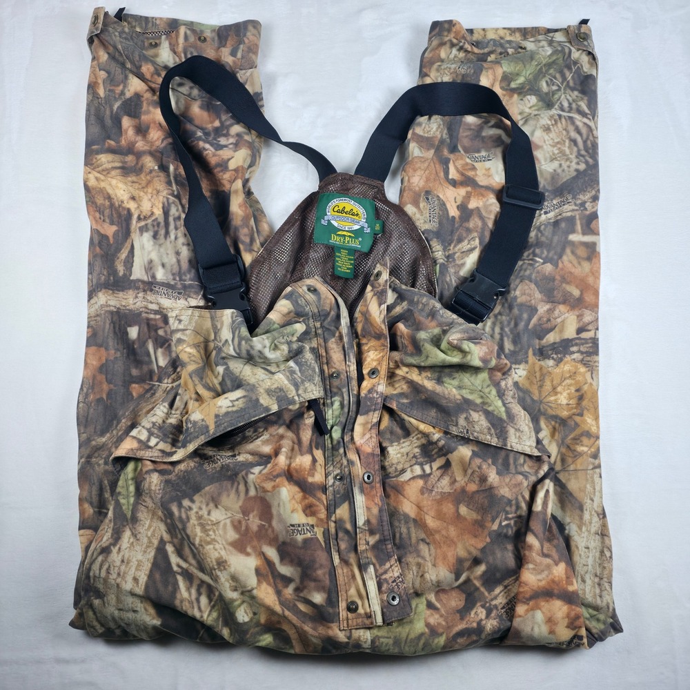 Vintage Cabelas Hunting Bibs Mens M Brown Advantage Timber Camo Dry-Plus 90s Y2K
